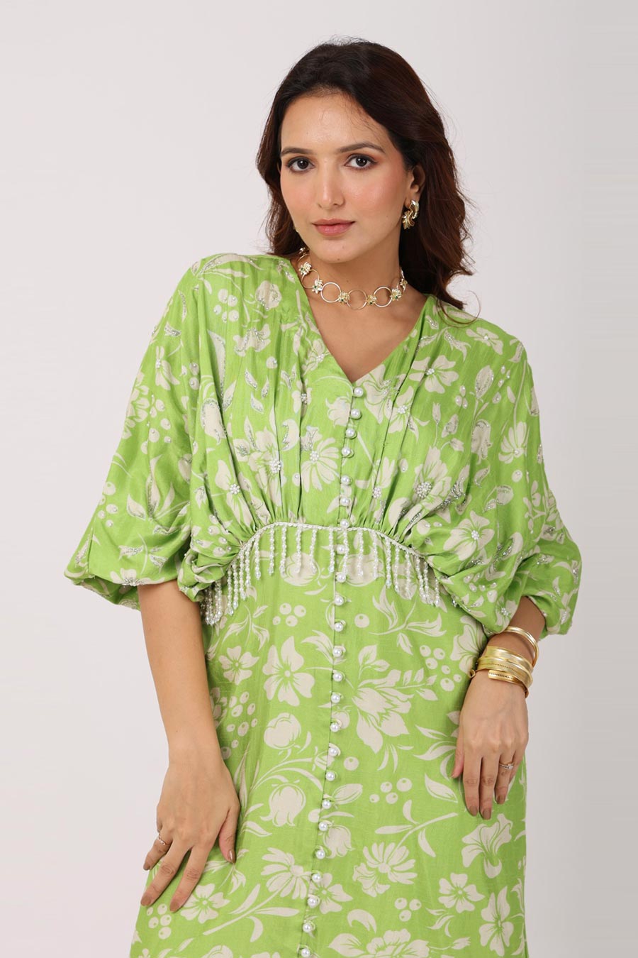 Green Floral Embroidered Gathered Dress