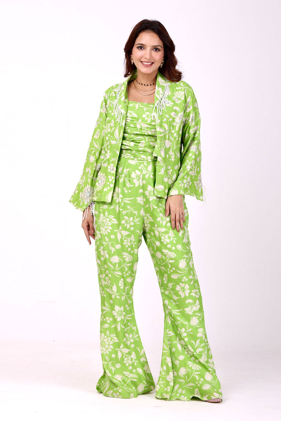 Green Floral Embroidered Top & Pant With Jacket