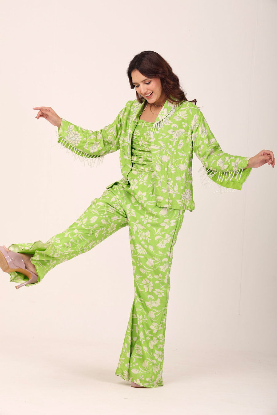 Green Floral Embroidered Top & Pant With Jacket