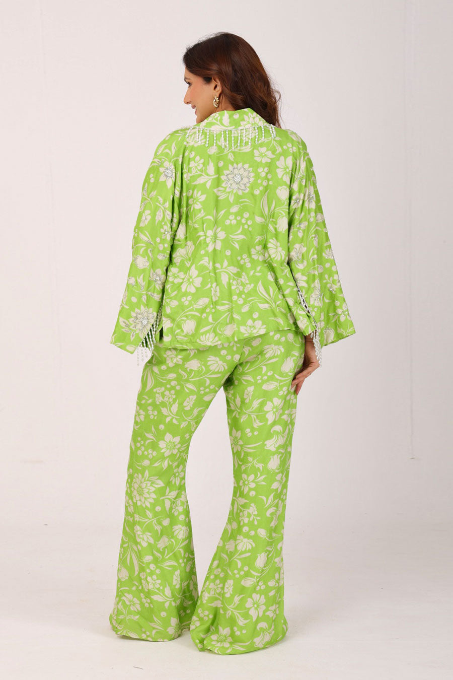 Green Floral Embroidered Top & Pant With Jacket
