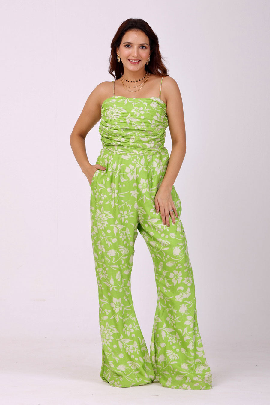 Green Floral Embroidered Top & Pant With Jacket
