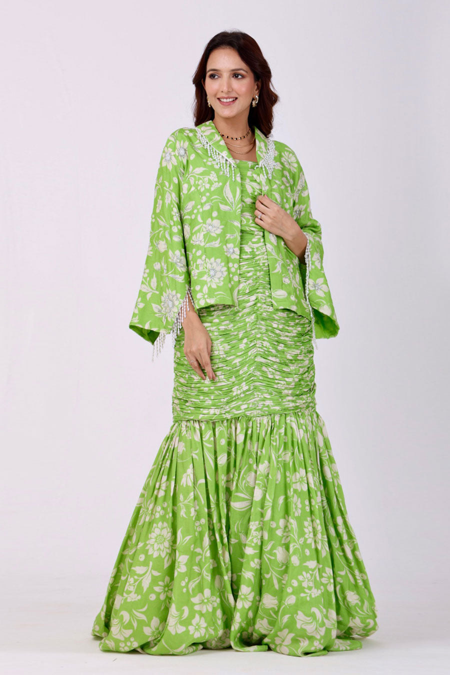 Green Floral Embroidered Top & Skirt With Jacket