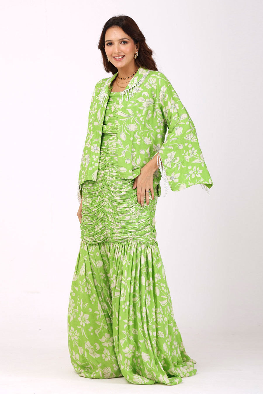 Green Floral Embroidered Top & Skirt With Jacket