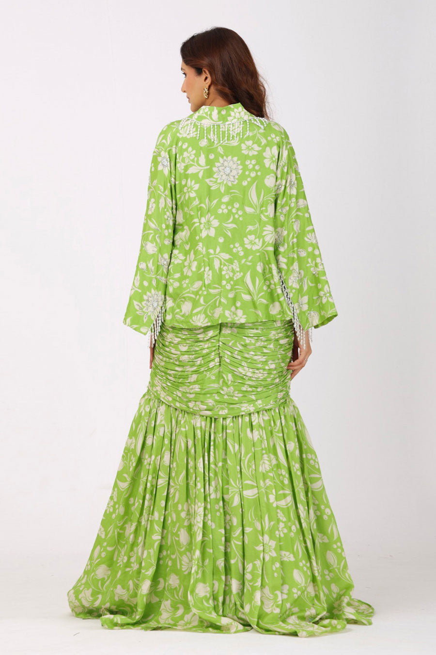 Green Floral Embroidered Top & Skirt With Jacket
