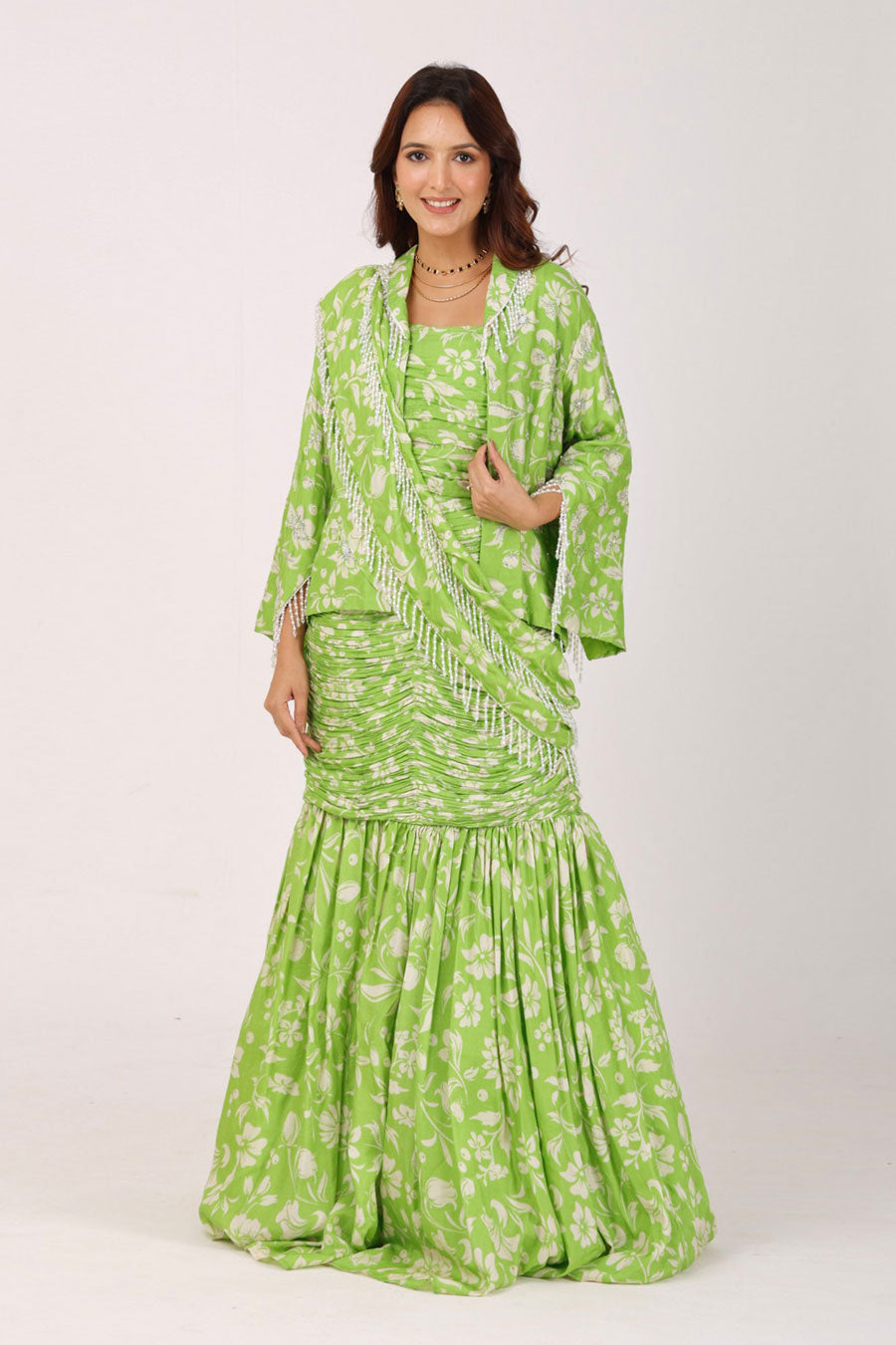 Green Embroidered Pre-Draped Saree Set With Jacket