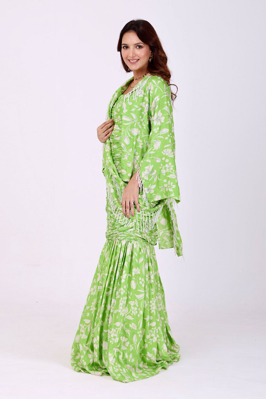 Green Embroidered Pre-Draped Saree Set With Jacket