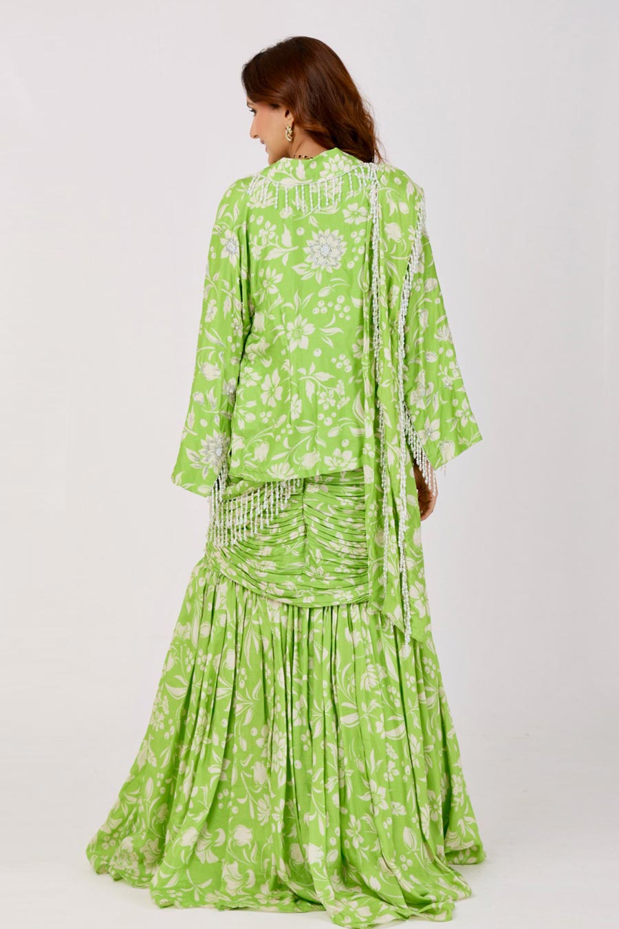 Green Embroidered Pre-Draped Saree Set With Jacket