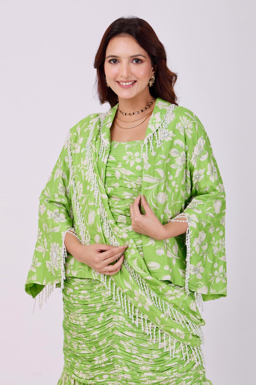 Green Embroidered Pre-Draped Saree Set With Jacket
