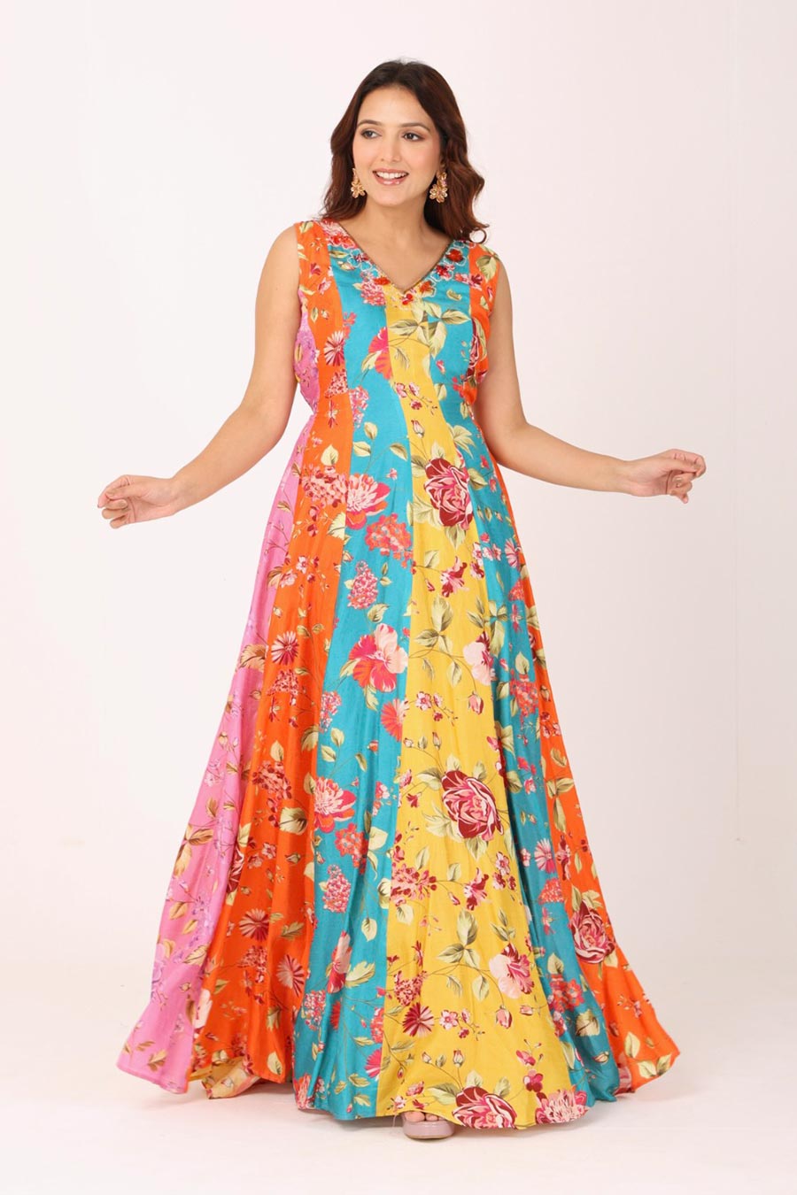 Multicoloured Floral Embroidered Gown Dress