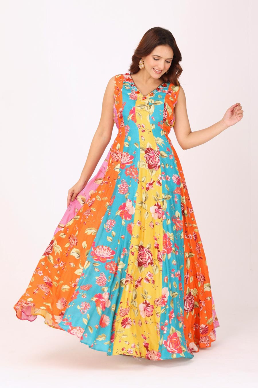 Multicoloured Floral Embroidered Gown Dress
