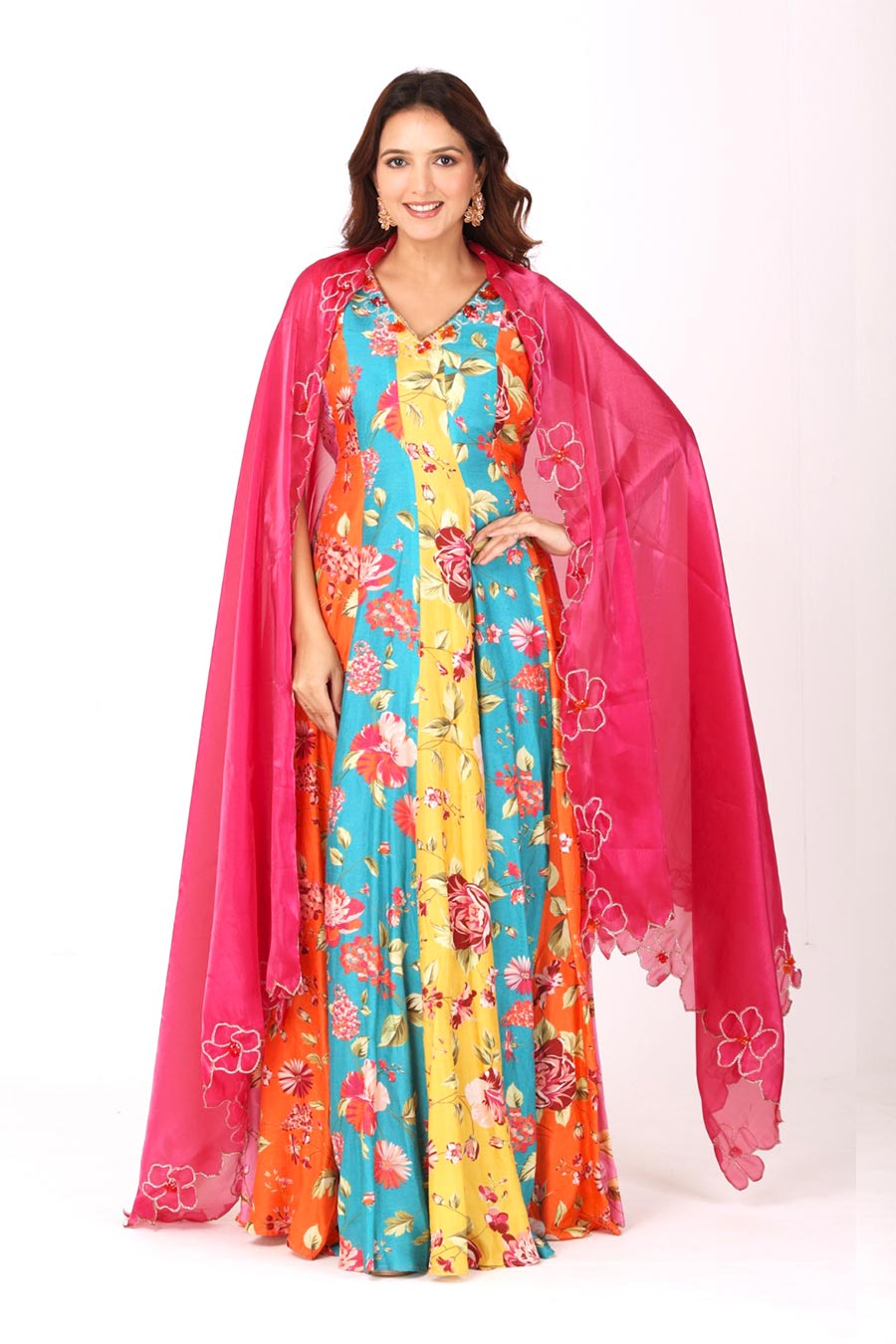 Multicoloured Embroidered Anarkali With Organza Dupatta