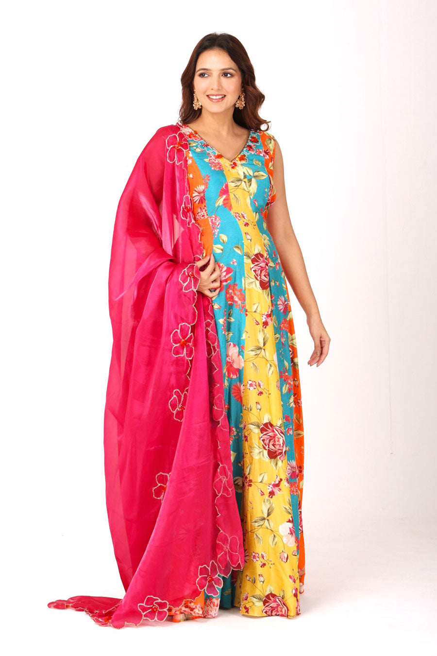 Multicoloured Embroidered Anarkali With Organza Dupatta
