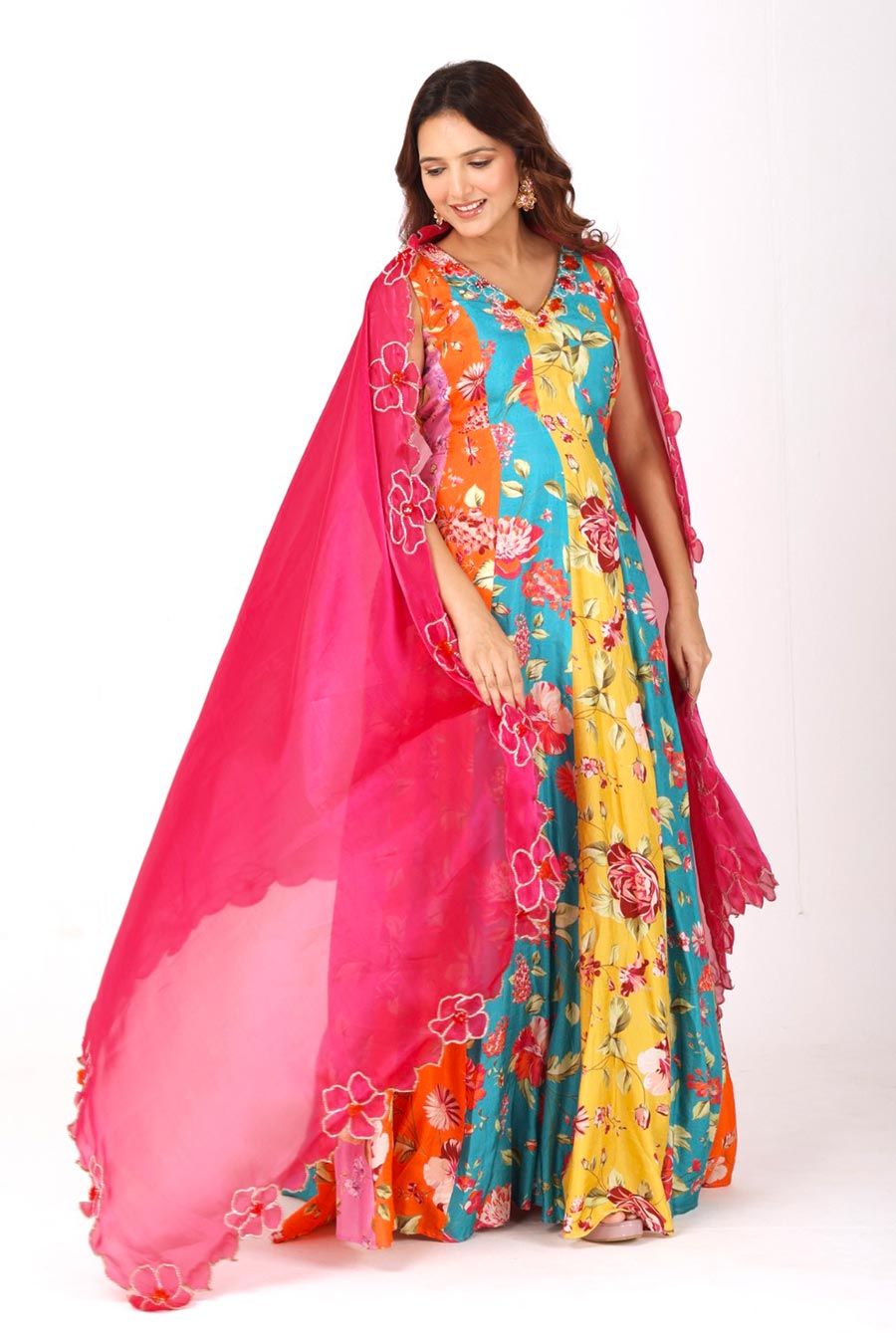 Multicoloured Embroidered Anarkali With Organza Dupatta