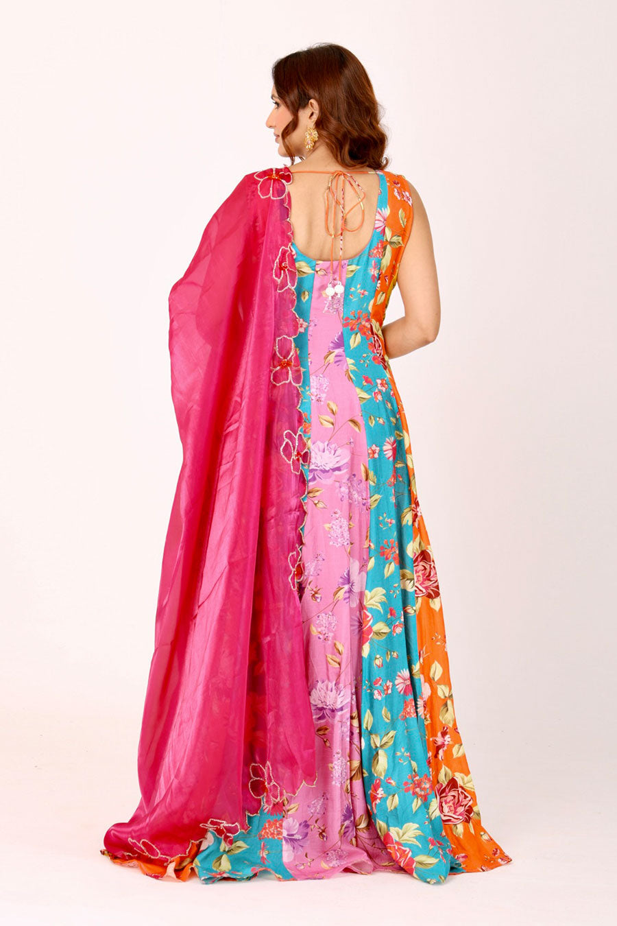Multicoloured Embroidered Anarkali With Organza Dupatta