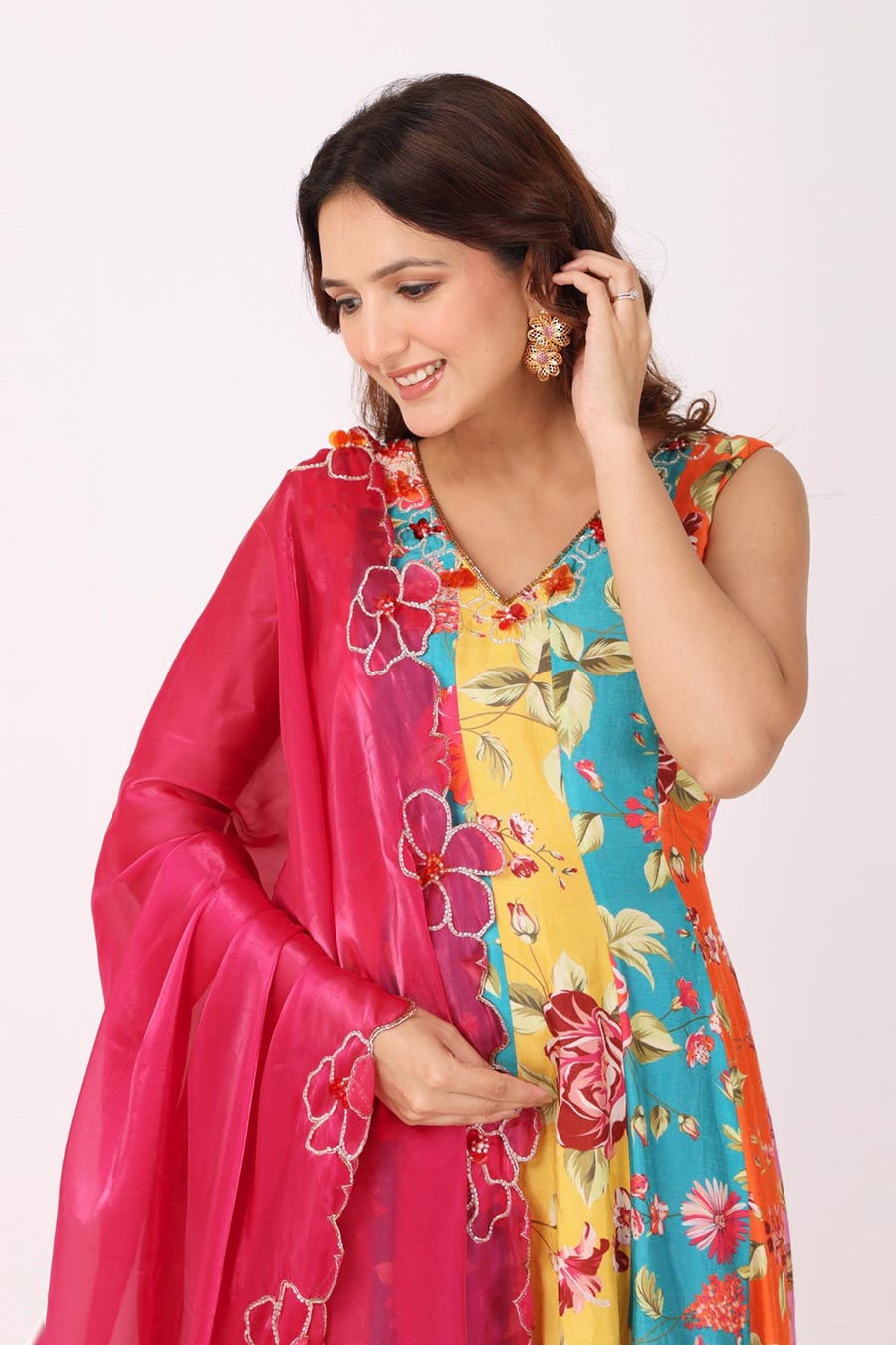 Multicoloured Embroidered Anarkali With Organza Dupatta