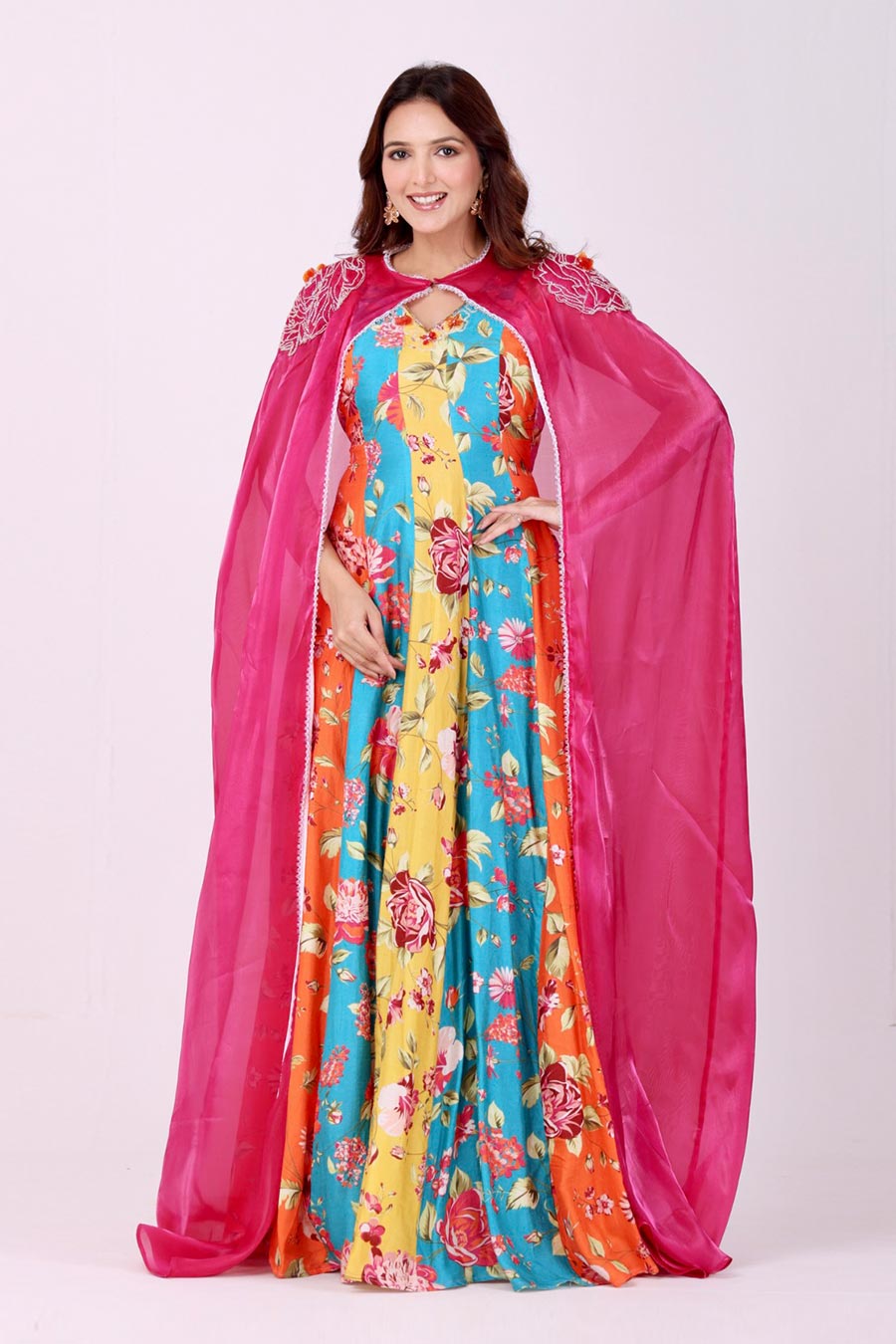 Multicoloured Embroidered Anarkali With Organza Cape