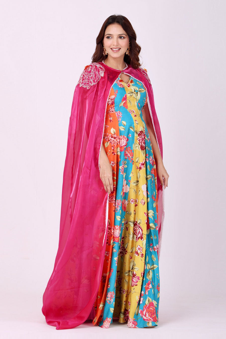 Multicoloured Embroidered Anarkali With Organza Cape