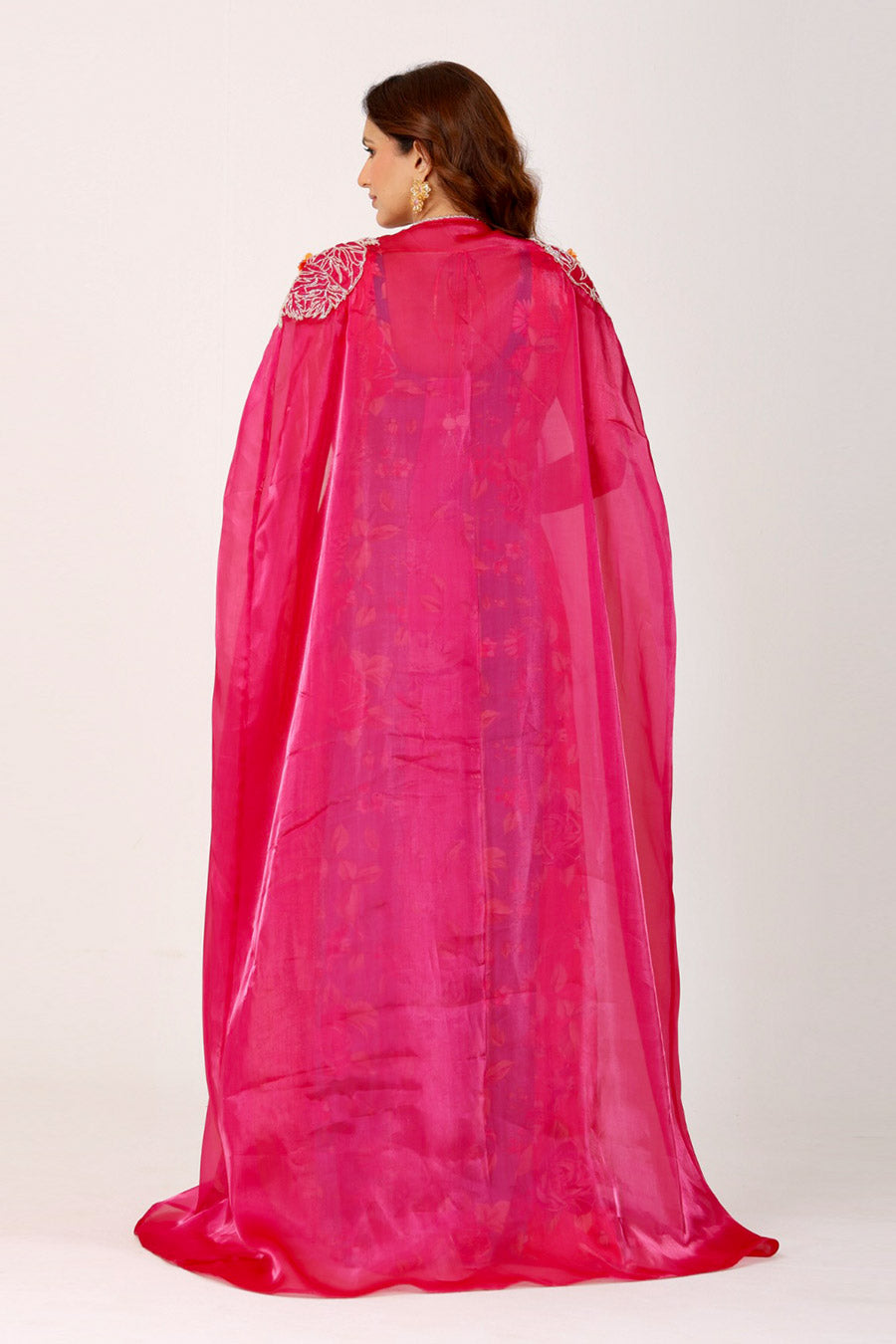 Multicoloured Embroidered Anarkali With Organza Cape