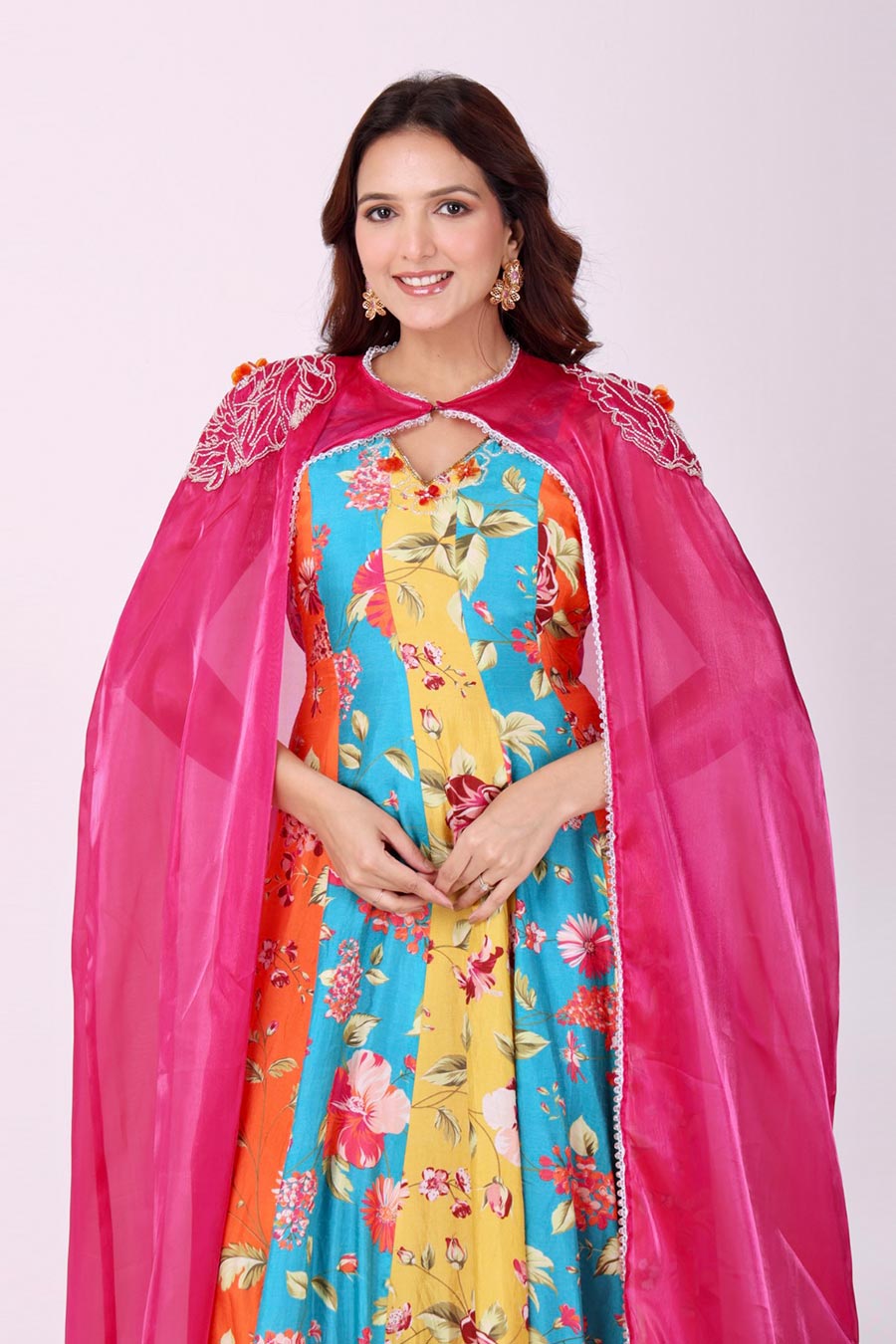Multicoloured Embroidered Anarkali With Organza Cape
