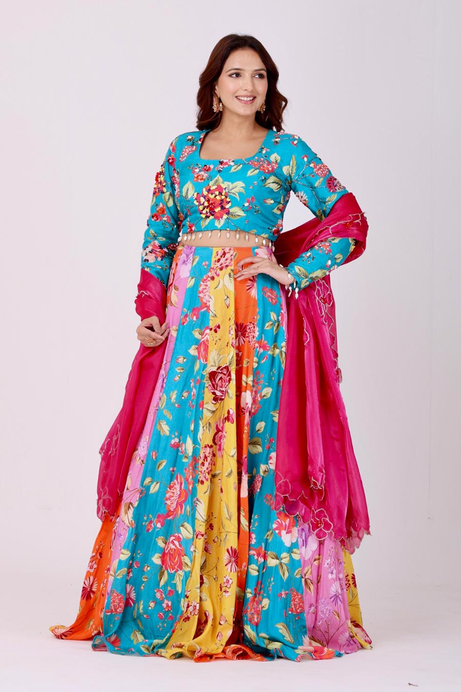 Multicoloured Embroidered Kali Lehenga Set