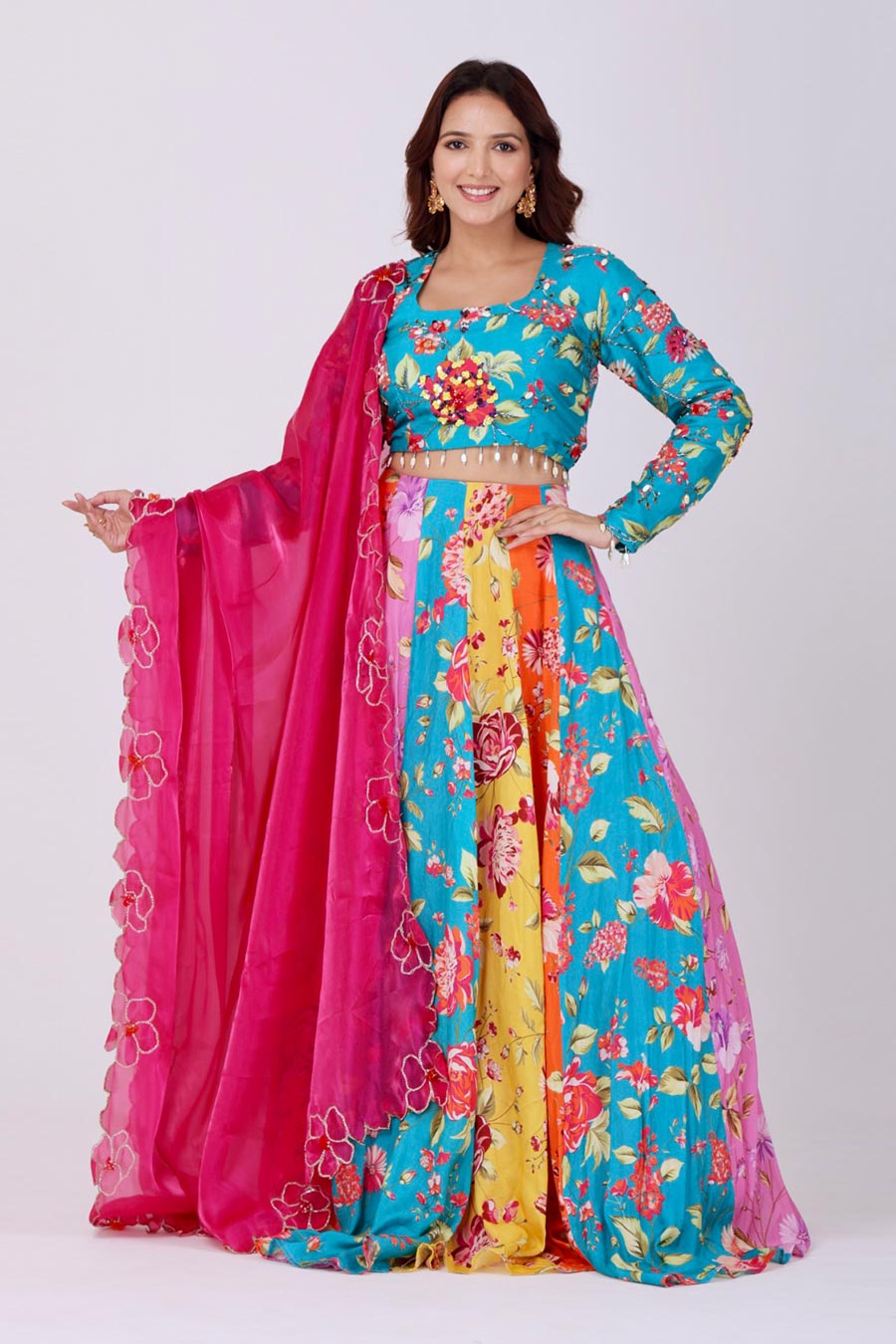 Multicoloured Embroidered Kali Lehenga Set