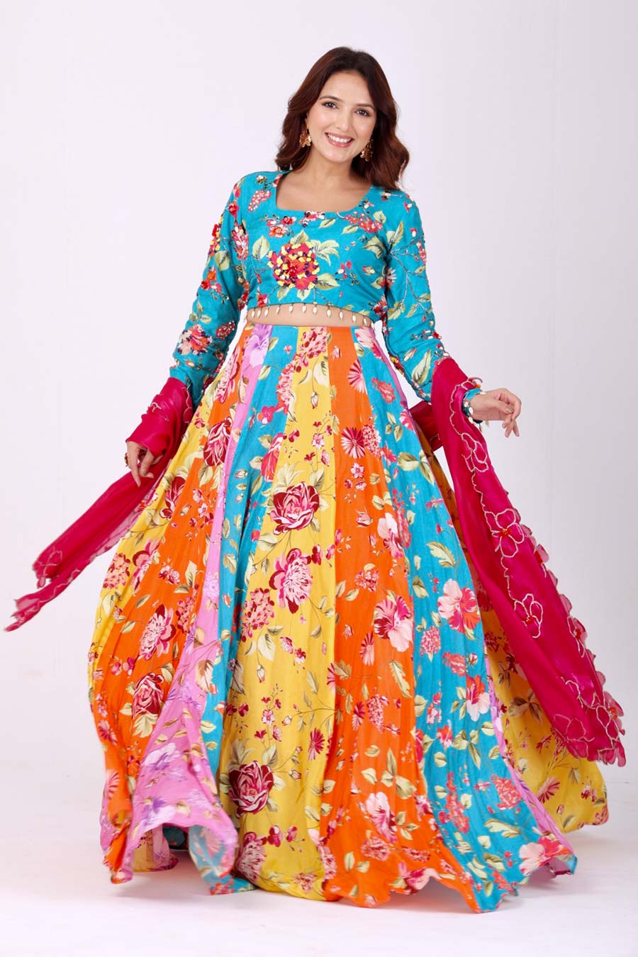 Multicoloured Embroidered Kali Lehenga Set