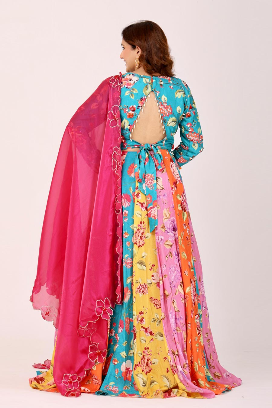Multicoloured Embroidered Kali Lehenga Set