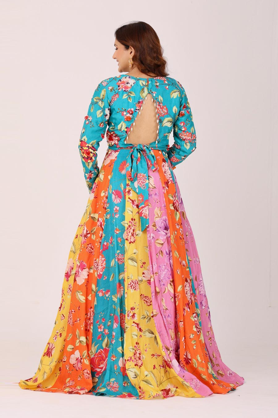 Multicoloured Embroidered Kali Lehenga Set