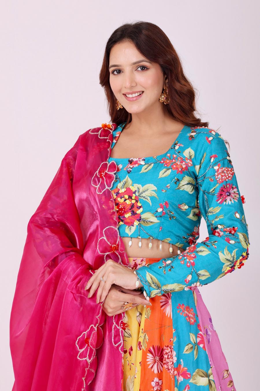 Multicoloured Embroidered Kali Lehenga Set
