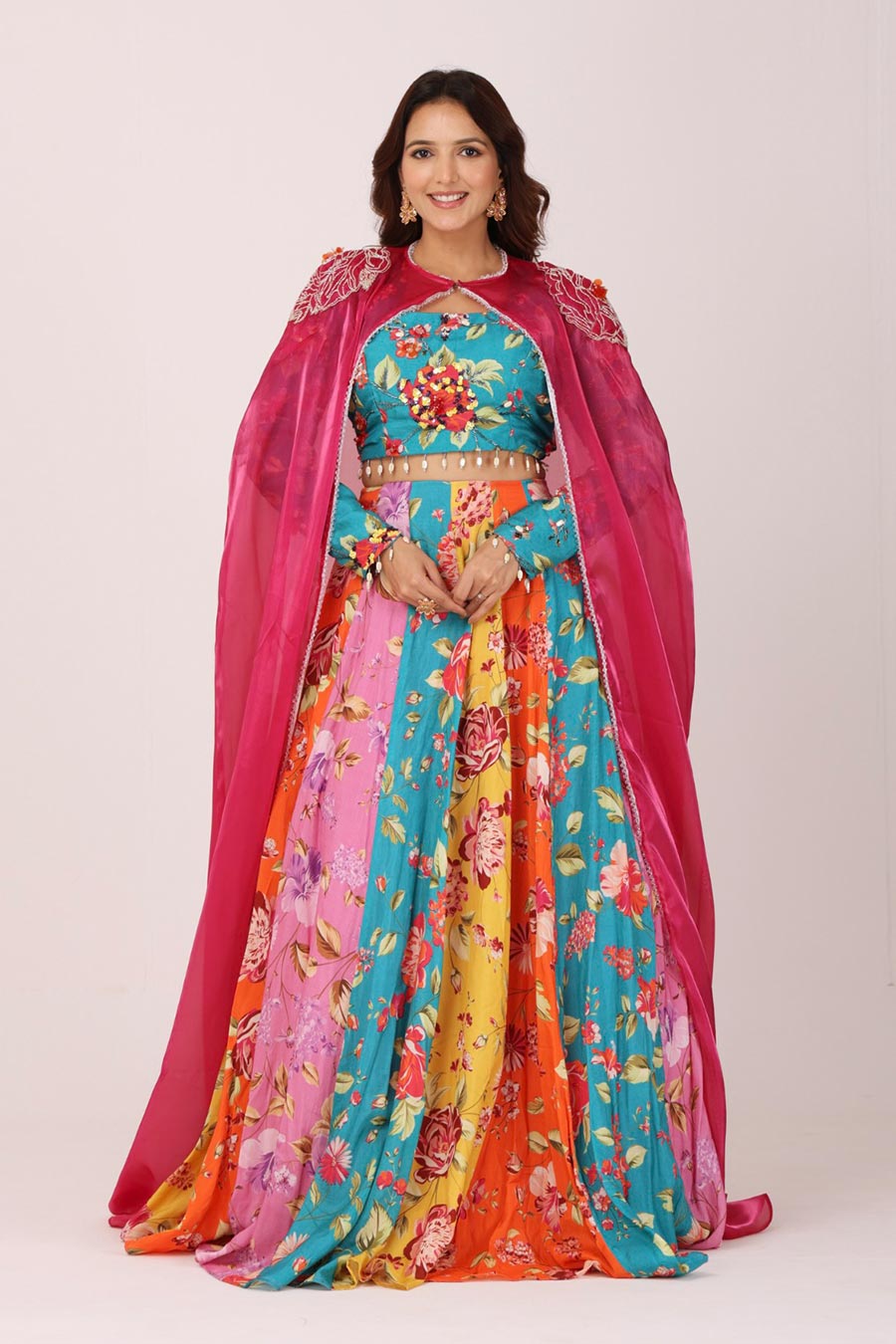 Multicoloured Embroidered Kali Lehenga Set With Cape