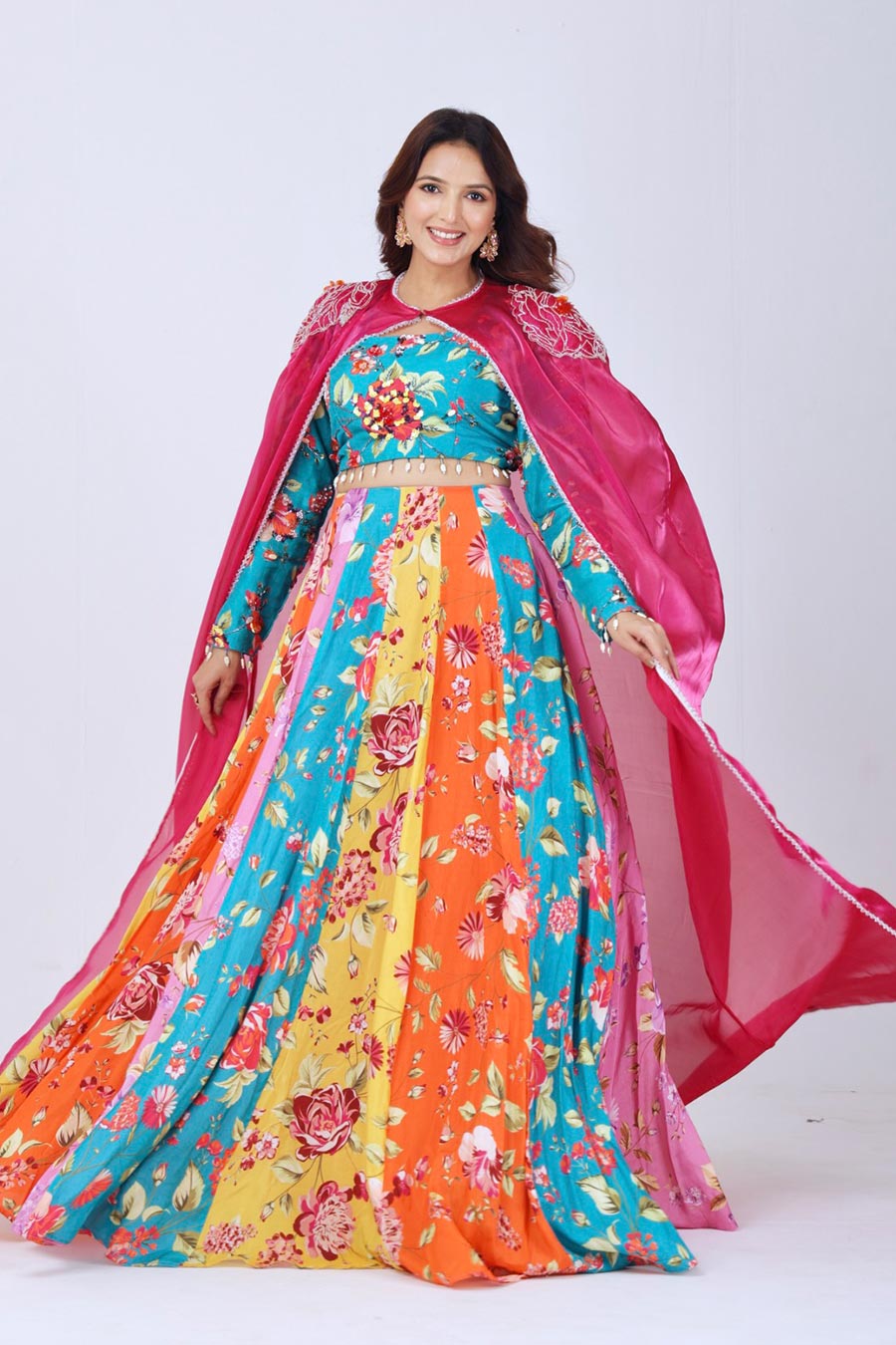 Multicoloured Embroidered Kali Lehenga Set With Cape