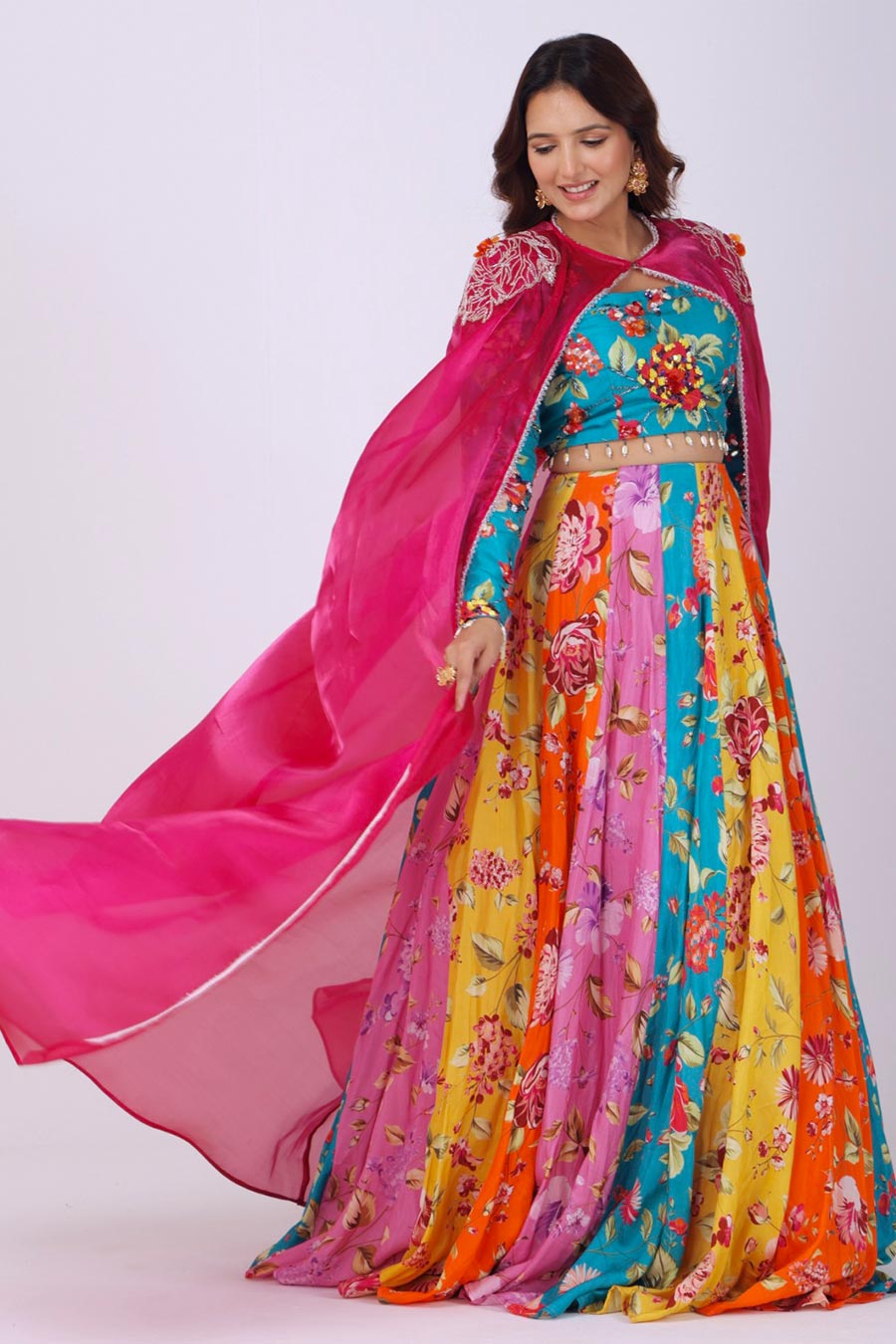 Multicoloured Embroidered Kali Lehenga Set With Cape