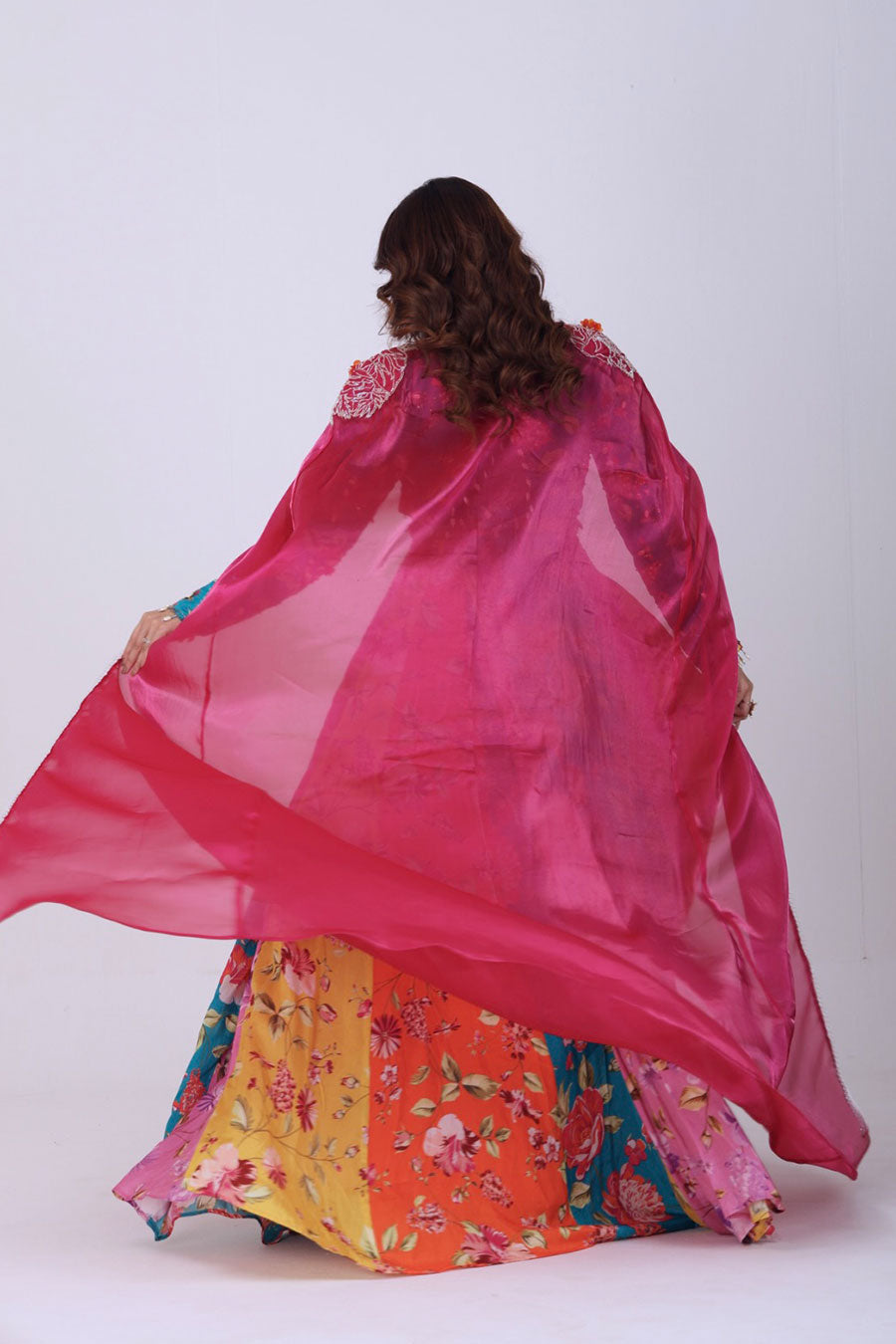 Multicoloured Embroidered Kali Lehenga Set With Cape