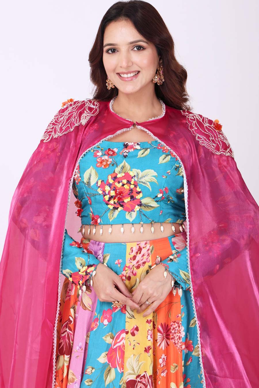 Multicoloured Embroidered Kali Lehenga Set With Cape