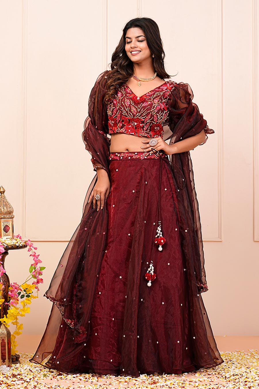 Maroon Glass Organza Embellished Lehenga Set