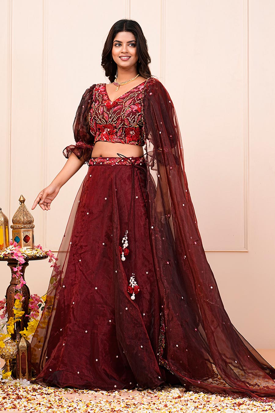 Maroon Glass Organza Embellished Lehenga Set
