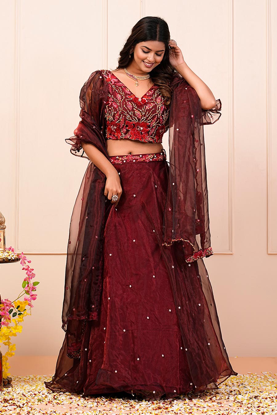 Maroon Glass Organza Embellished Lehenga Set