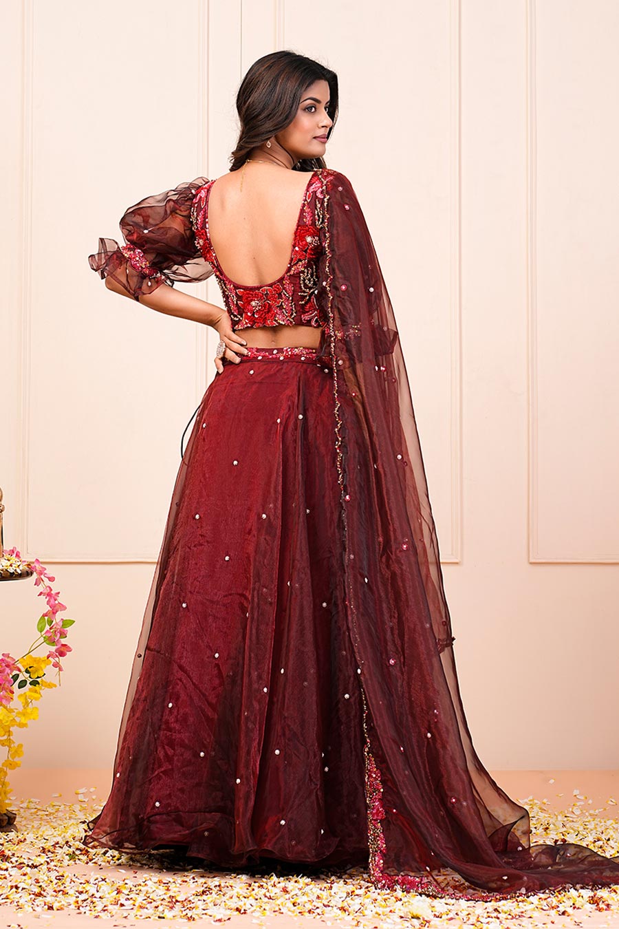 Maroon Glass Organza Embellished Lehenga Set
