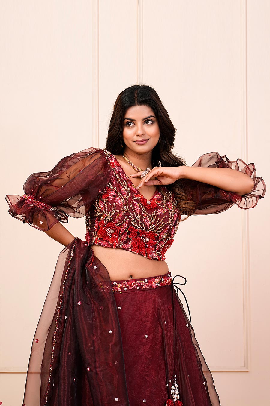 Maroon Glass Organza Embellished Lehenga Set