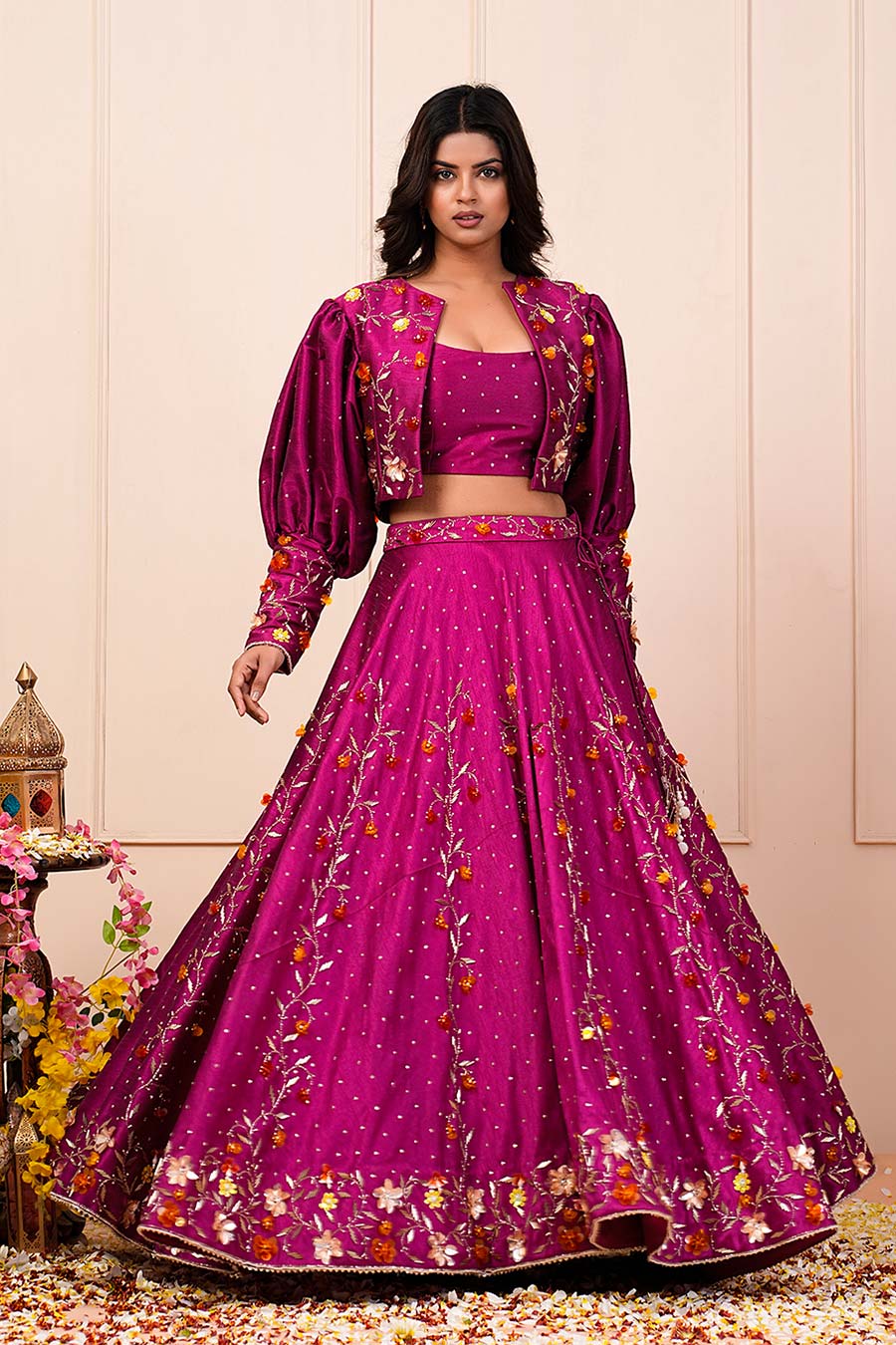 Pink Silk Embellished Lehenga Set With Jacket