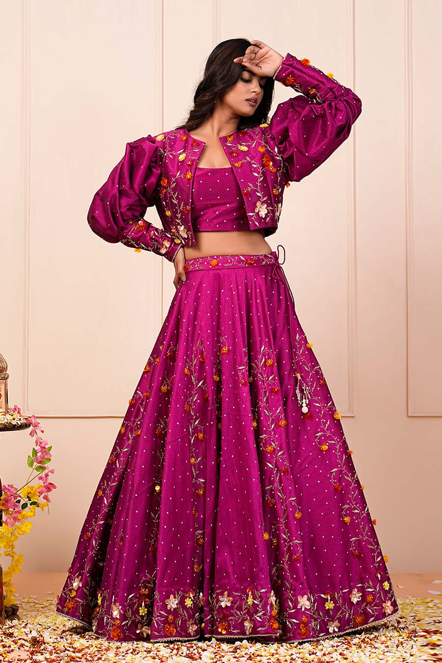 Pink Silk Embellished Lehenga Set With Jacket