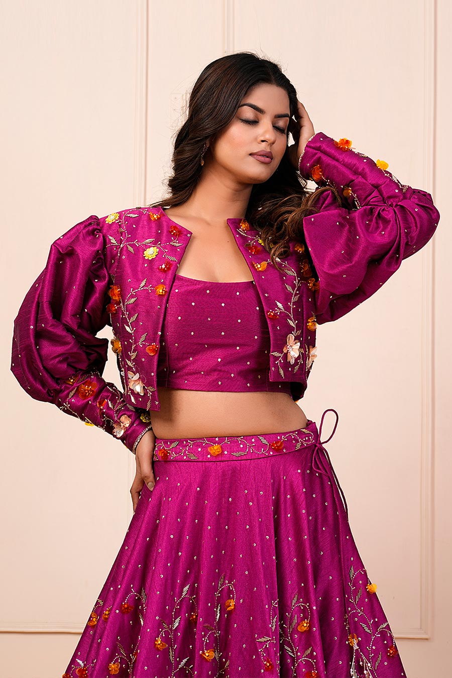 Pink Silk Embellished Lehenga Set With Jacket