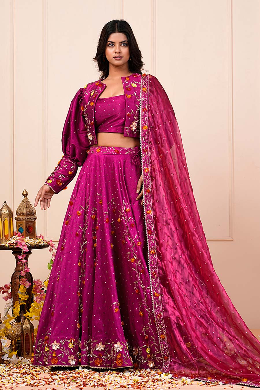Pink Silk Organza Embellished 4Pc Lehenga Set With Jacket & Dupatta