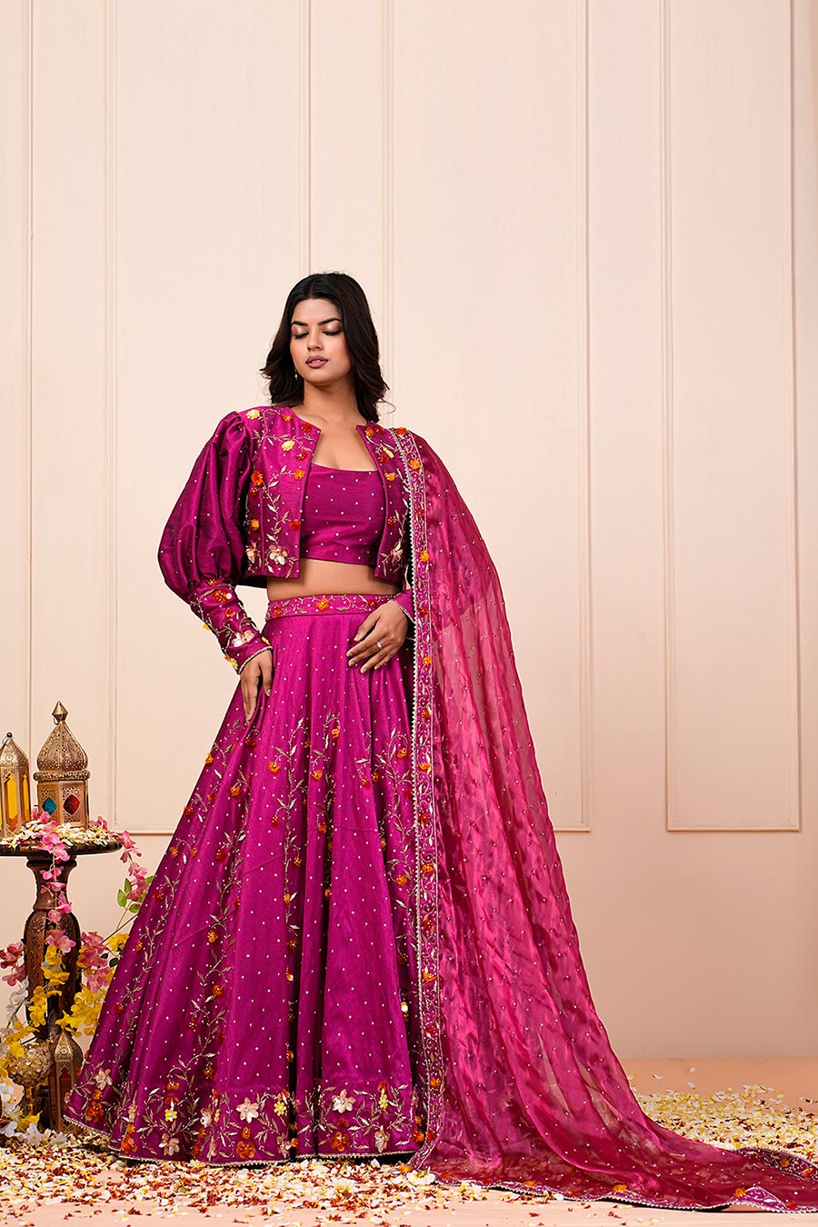 Pink Silk Organza Embellished 4Pc Lehenga Set With Jacket & Dupatta
