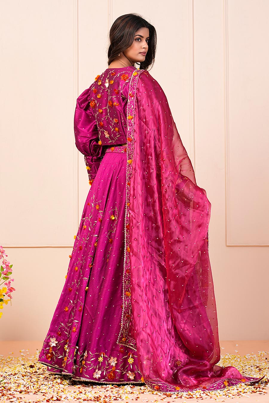 Pink Silk Organza Embellished 4Pc Lehenga Set With Jacket & Dupatta