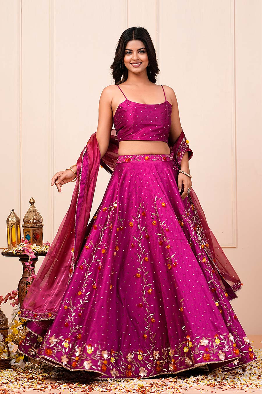 Pink Silk Organza Embellished 4Pc Lehenga Set With Jacket & Dupatta