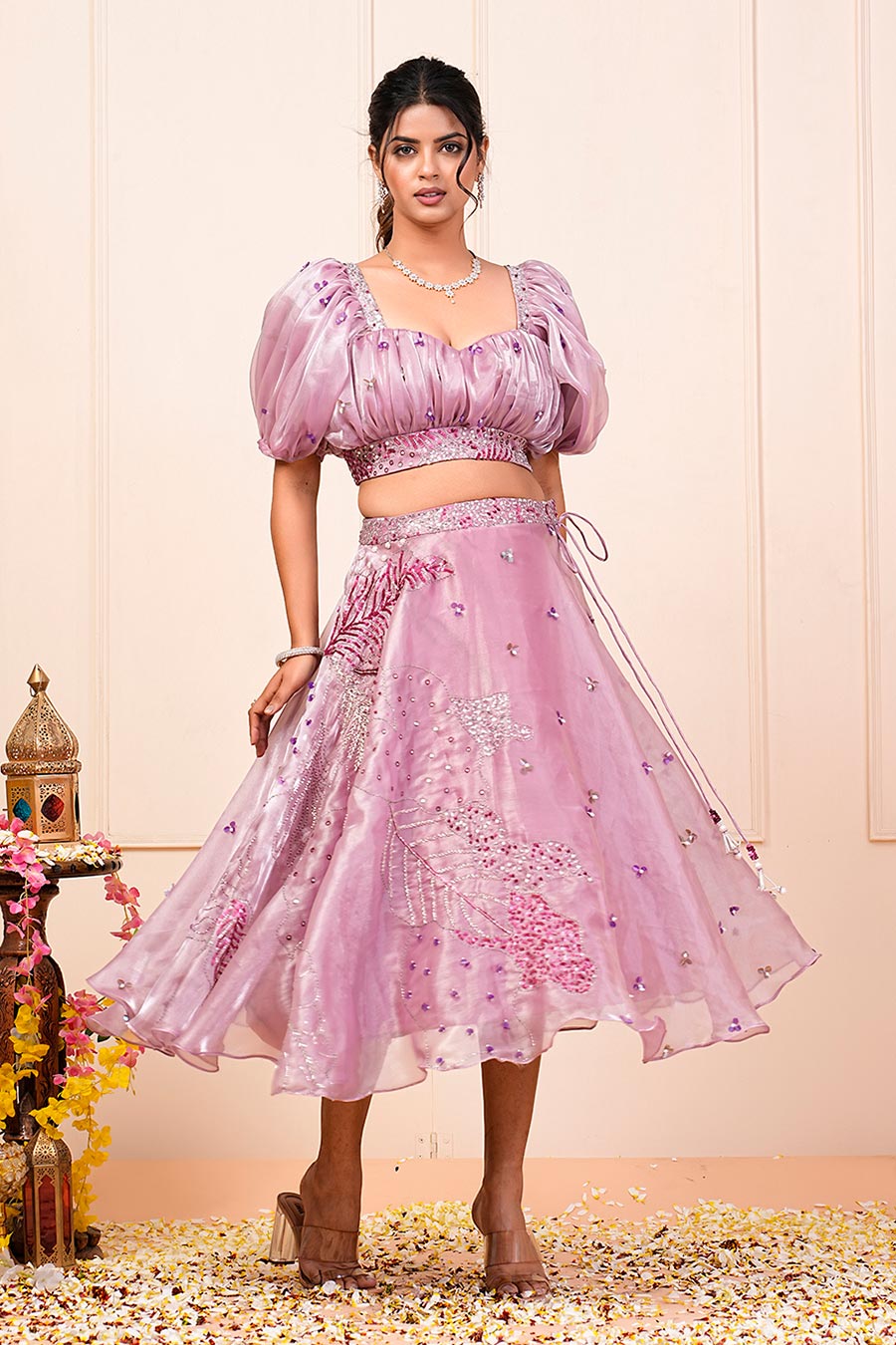 Lavender Organza Embroidered Skirt Set With Bum Bag
