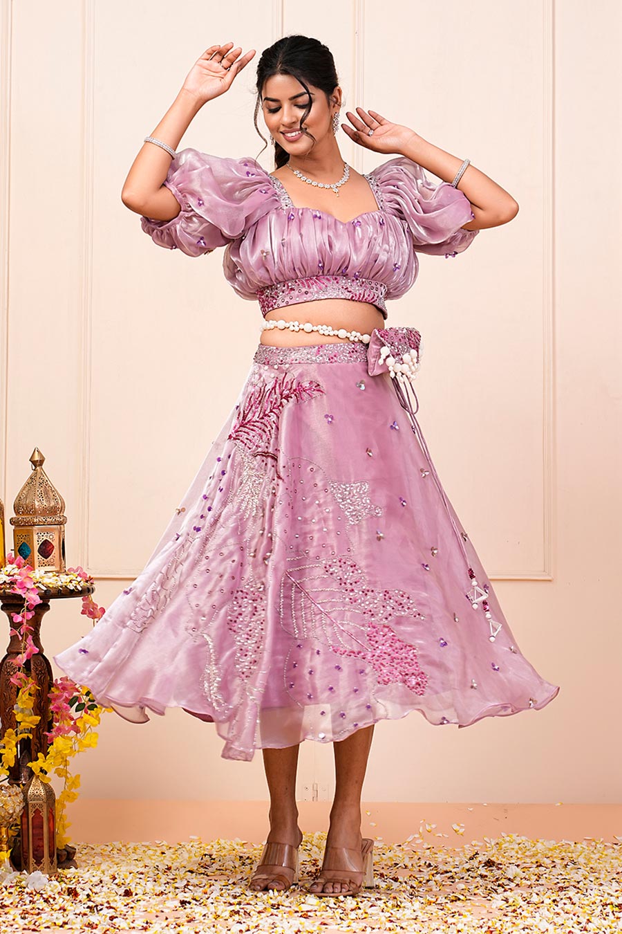 Lavender Organza Embroidered Skirt Set With Bum Bag