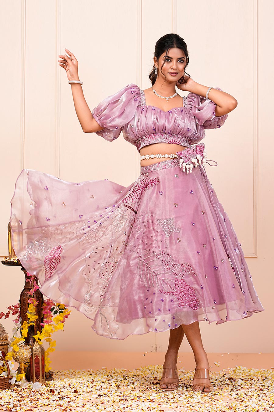 Lavender Organza Embroidered Skirt Set With Bum Bag