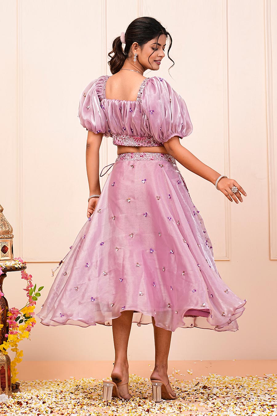 Lavender Organza Embroidered Skirt Set With Bum Bag